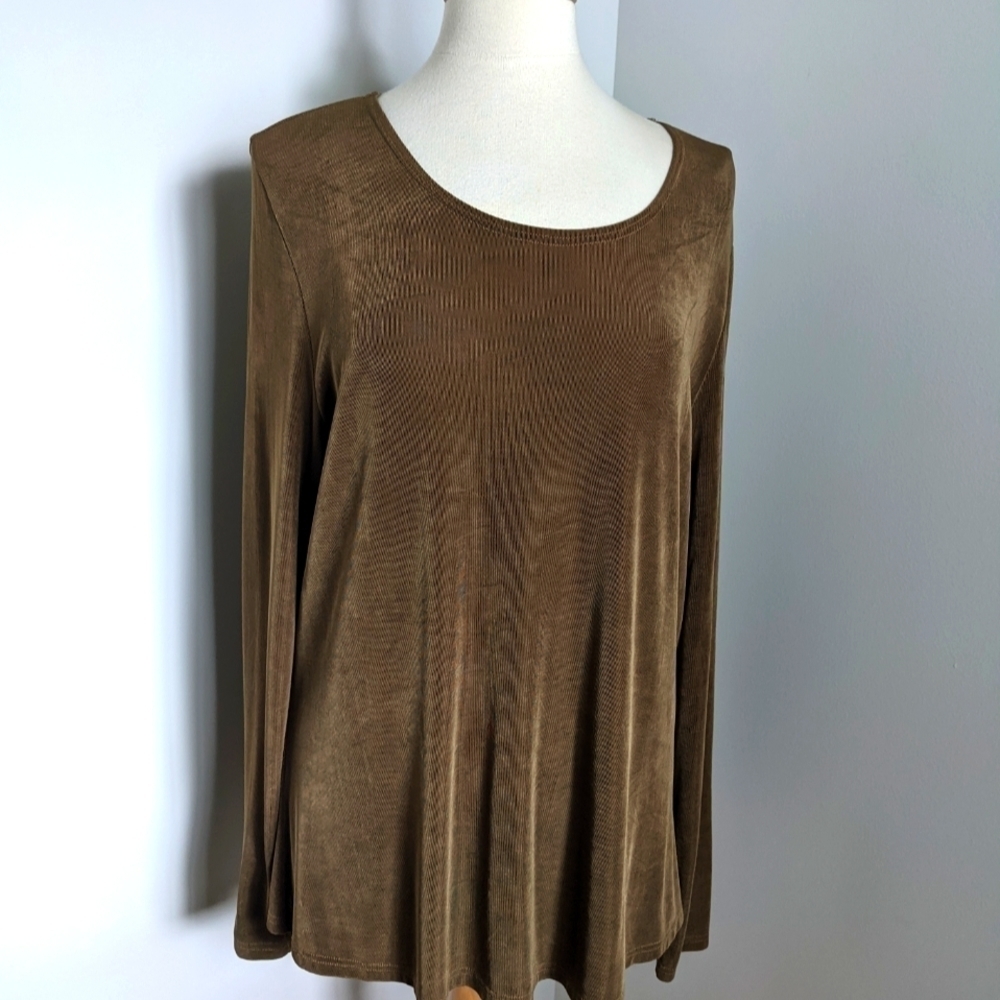 FLAX Stretch Jersey Knit in Army Green Scoop Neck Long Sleeve T L